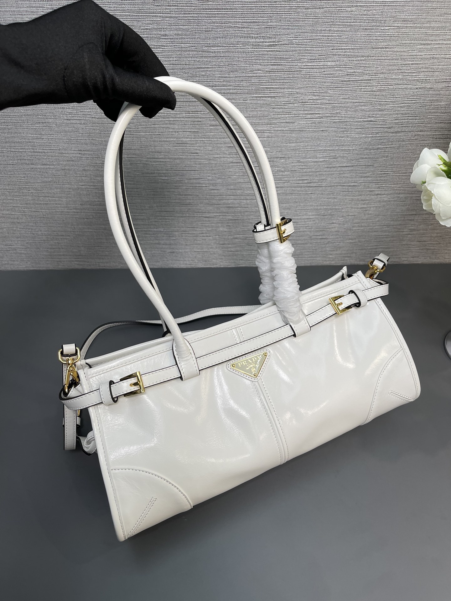 Prada Medium LusSolf Leather Handbag Bag Tote White 1BA426